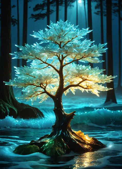 un árbol con una luz azul hielo en él en el océano, olas rompiendo, noche con un resplandor de hielo en las hojas, Bruce Munro, luces brillantes, un holograma, holografía dispersión subsuperficial, PhotoRealista, HyperRealista, estilo analógico, Realista, fotografía analógica, iluminación suave, sombra pesada