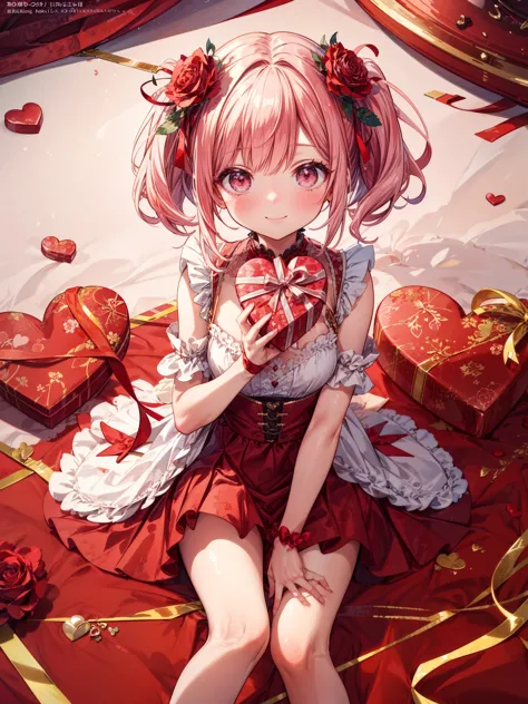 (masterpiece,ultra-detailed,best quality,8K,illustration,shaved:1.2),(petite girl:1.0) <lora:add_detail:1.0>, <lora:quiron_valentinesDay_v1_lora:0.6> valentinesdayquiron, valentinesday, heart, red theme, flower, rose, chocolate, ribbon,presenting,holding gift,smile,