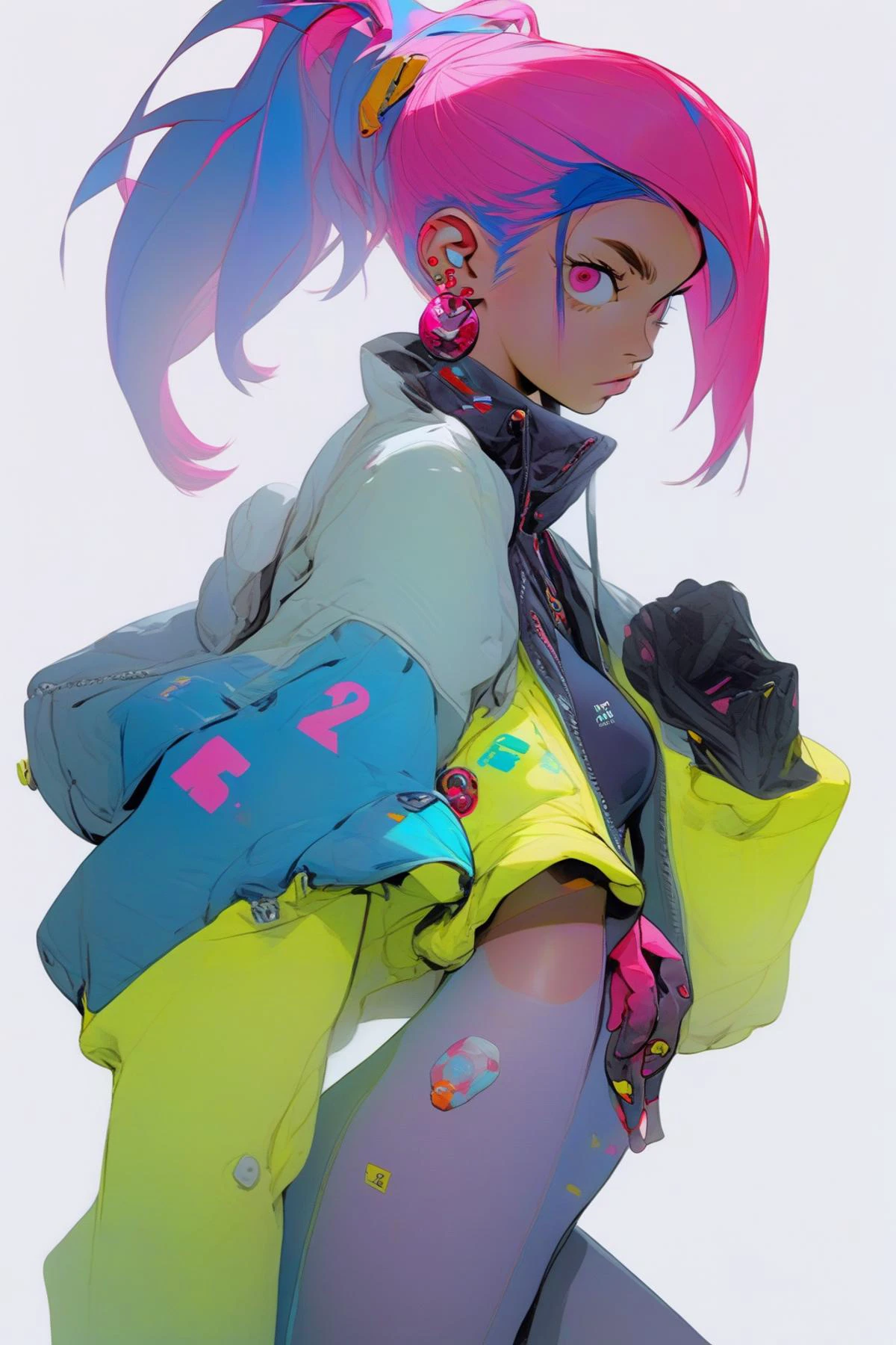 1girl, solo, pink hair, ponytail, pink eyes, jacket, long hair, multicolored hair, bodysuit, blue hair, looking at viewer, pink jacket, gloves, fingerless gloves, hair ornament, earrings, cyberpunk, jewelry, white background, simple background, standing, science fiction, masterpiece, best quality,
