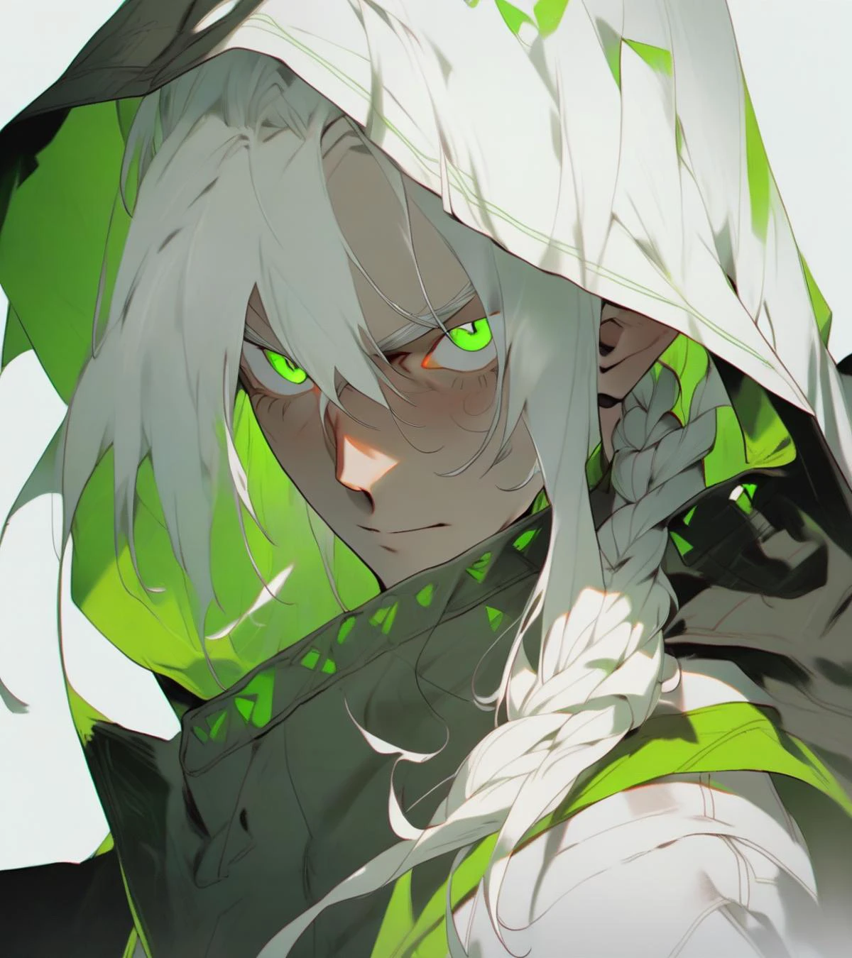 1boy, solo, green eyes, hood, looking at viewer, long hair, braid, upper body, hair over shoulder, hair between eyes, hood up, simple background, lips, closed mouth, white hair, single braid, white background, sidelocks, grey background