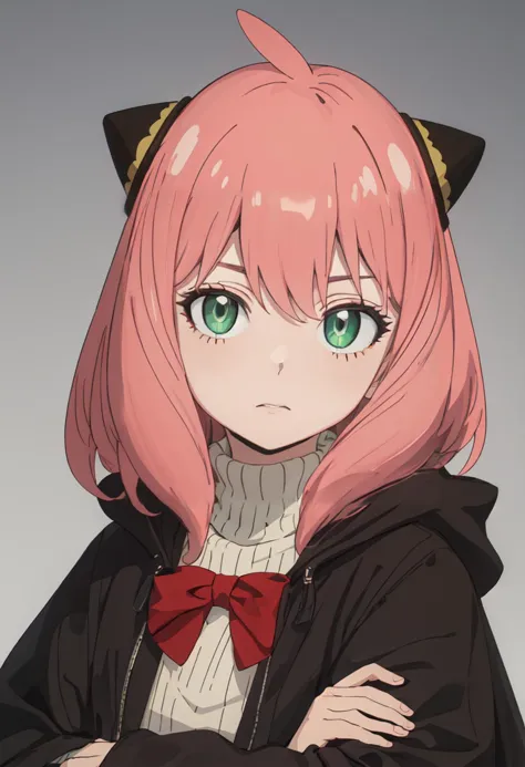 anime girl with pink hair and black cat ears and a black jacket