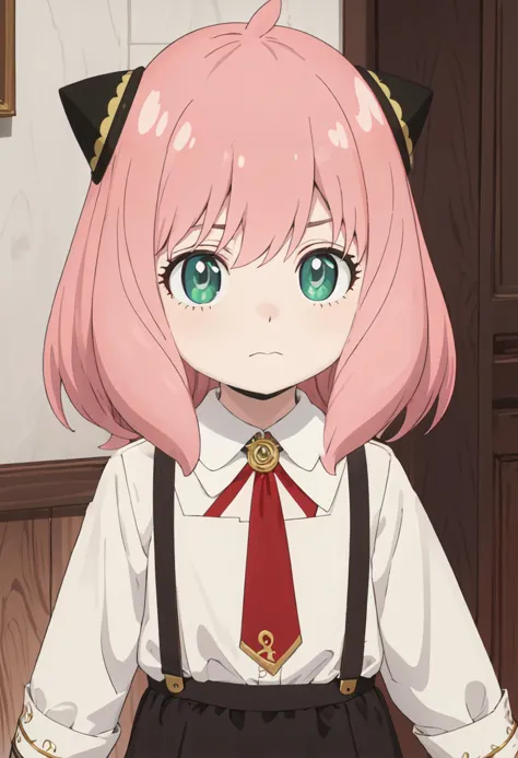 anime girl with pink hair and green eyes wearing a white shirt and black skirt