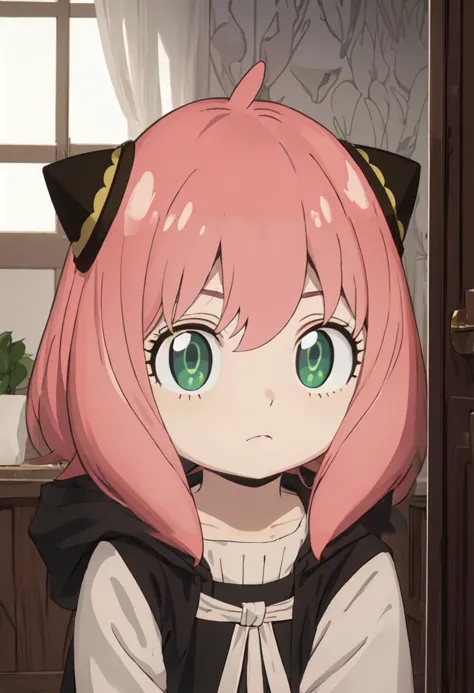 anime girl with pink hair and black cat ears in a kitchen