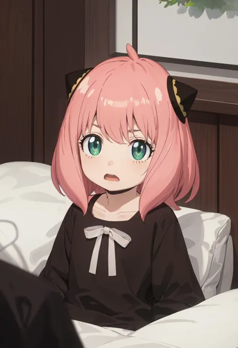 anime girl with pink hair sitting on a bed in a room