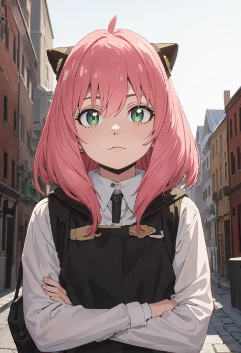 anime girl with pink hair and black vest standing in a city street