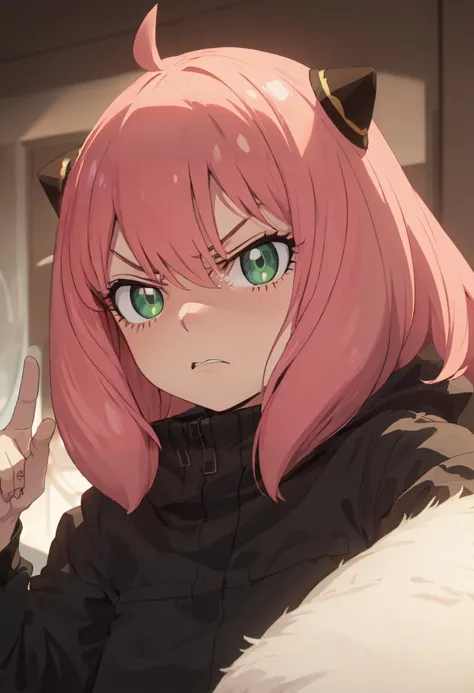 anime girl with pink hair and green eyes in a black coat