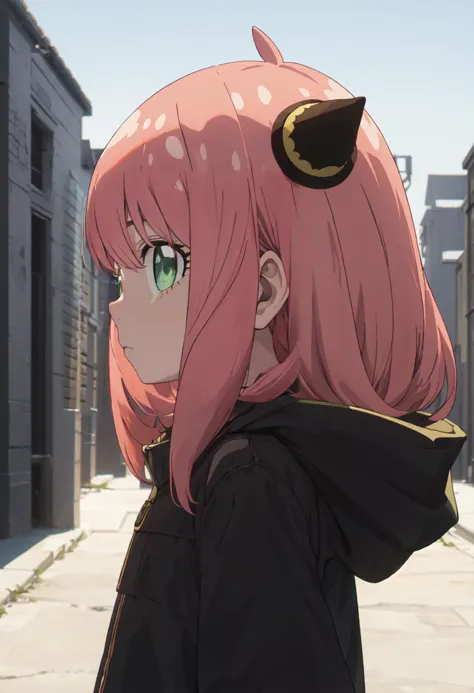 anime girl with pink hair and black jacket standing in a street