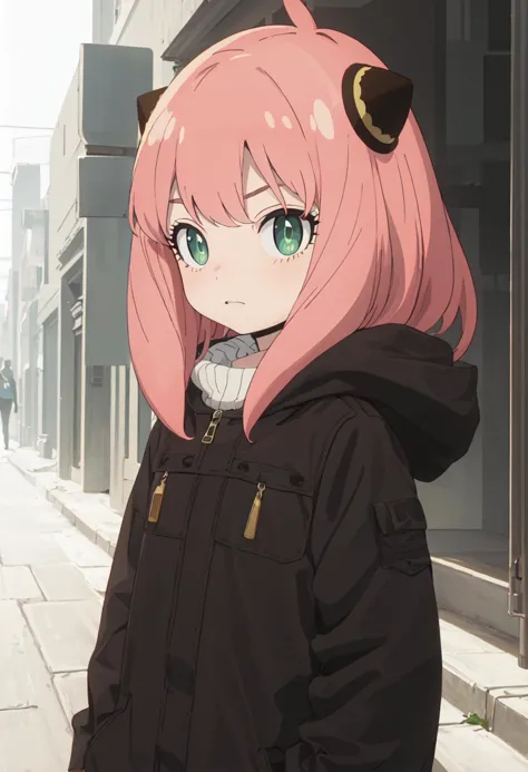 anime girl with pink hair and green eyes standing on a sidewalk