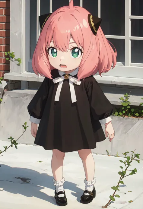 anime girl in black dress standing in front of a window