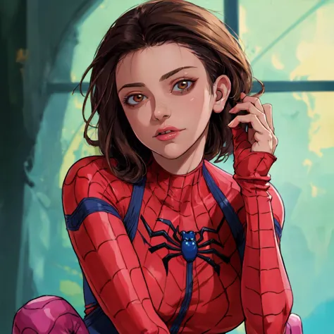 ((masterpiece,best quality,absurdres,beautiful,aesthetic,detailed,cell shading)), No-one21 a woman, woman wearing a spider woman...