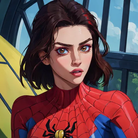 ((masterpiece,best quality,absurdres,beautiful,aesthetic,detailed,cell shading)), No-one10 a woman, woman wearing a spider woman...