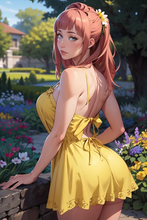 anime girl in yellow dress posing in front of flowers