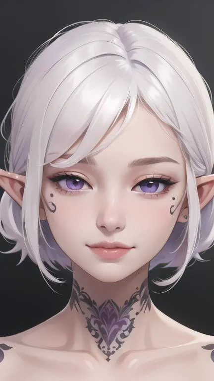 1girl, pale_skin, white_hair, elf_ear, tattoos, portrait, upper body, purple_eyes, half-closed eyes, smirk,  face detailed, cute...