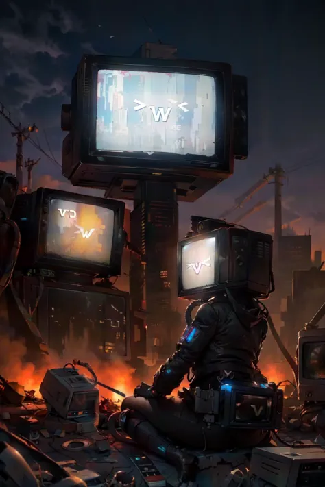 a close up of a person sitting on a pile of rubble with two televisions