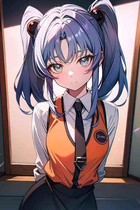 anime girl with long hair and a tie standing in front of a window