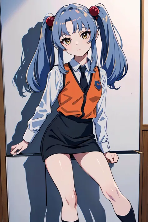 anime girl with long blue hair and a tie leaning against a wall