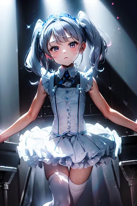 anime girl in a blue dress with a bow tie and stockings