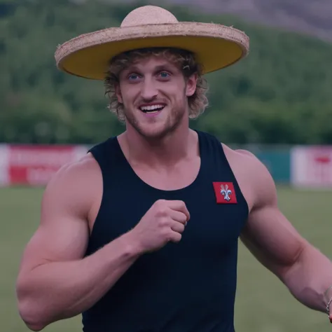 arafed man in a straw hat is running on a field