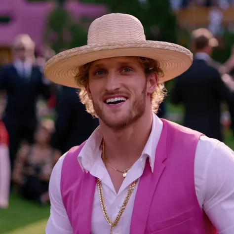 a close up of a man wearing a hat and a pink vest