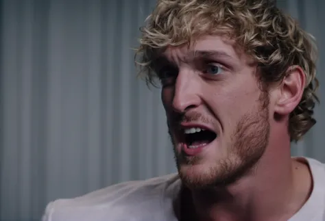 arafed man with curly hair and a white shirt is making a face