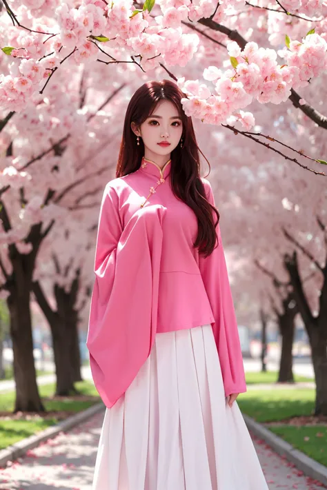 <lora:Taiwan:0.8>,Meimei,pink hair flower,chinese clothes,pink shirt,white skirt,sleeves past wrists,outside,cherry blossoms,, (...