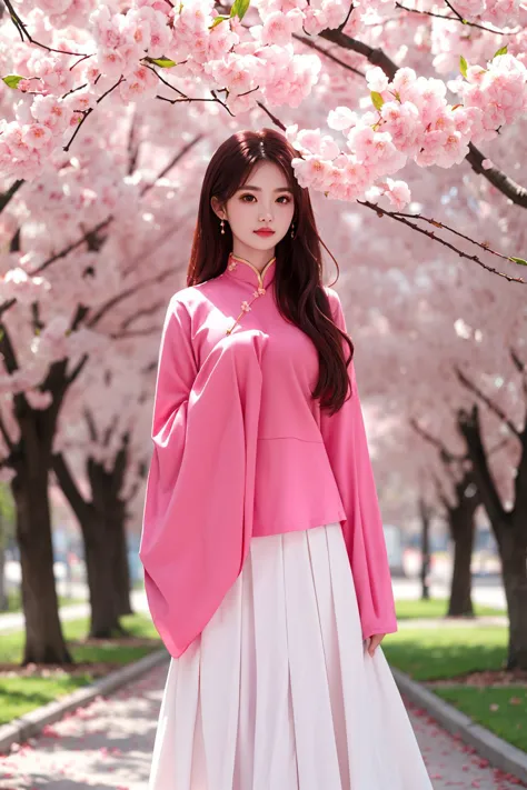 a woman in a pink top and white skirt standing under a tree