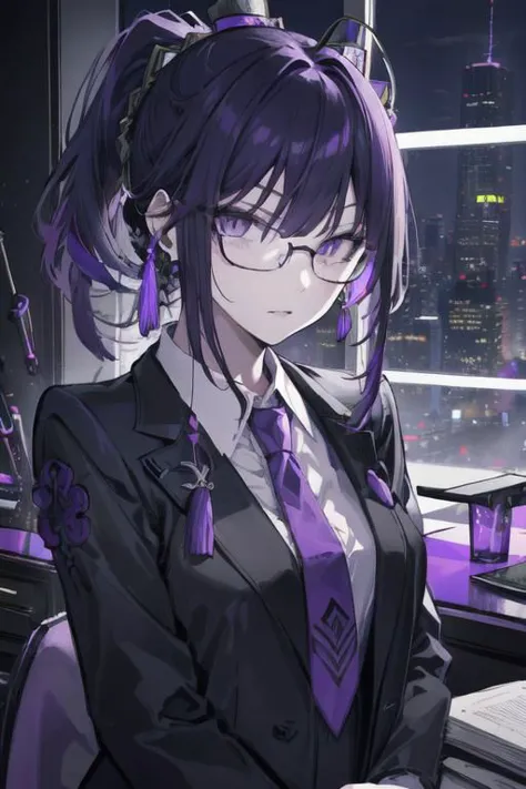 (masterpiece, best quality, perfect face, perfect eyes, detailed face, snake eyes:1.3), woman, snake lady, purple hair, neat hair, ponytail, purple gray eyes, (business suit, black suit, light purple shirt:1.2), purple tie, menacing, glasses, black gloves, (single earring, tassel earring, single tassel, purple tassel:1.2), office, windows, nightscape, night, city lights, skyscrapers, tilted head,