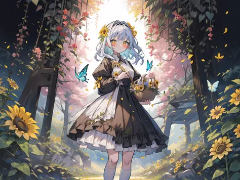 masterpiece, ultra-detailed, best quality, highly detailed, colorful, incredibly_absurdres,dynamic_angle, cinematic_lighting，cute JK loli, flower crown, long flowing hair, frilly dress, holding a basket of flowers, standing in a field of blooming sunflower...