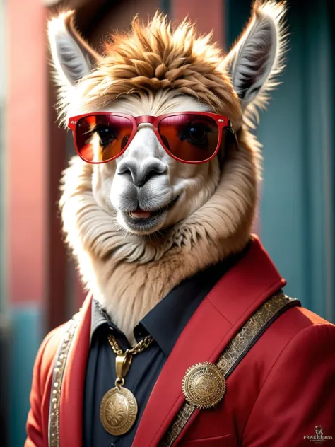 a (llama:1.31) wearing sunglasses and a hat, (llama:1.31) anthro portrait, (llama:1.31) portrait, portrait of a (llama:1.31), lama, wild fluffy (llama:1.31) portrait, (llama:1.31) all the way, alpaca, lama with dreadlocks, (llama:1.31), award winning creature portrait, inspired by Frieke Janssens, by Christian W. Staudinger, highly detailed cgsociety, by Frieke Janssens, sunglasses, jewelry, necklace, solo, no humans, upper body, red jacket, realistic, 1boy, male focus, closed mouth, furry, smile art by artgerm and greg rutkowski and alphonse mucha