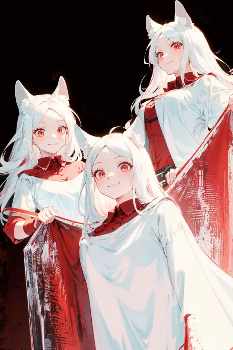 anime characters dressed in white and red standing next to each other