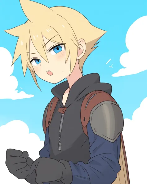 (masterpiece, best quality:1.1), (1boy:1.1), solo, (male focus:1.1), (cloud strife:1.05), from final fantasy, black and yellow, blond hair, short hair, spiked hair, blue eyes, black shirt, gloves, (simple background:0.3)