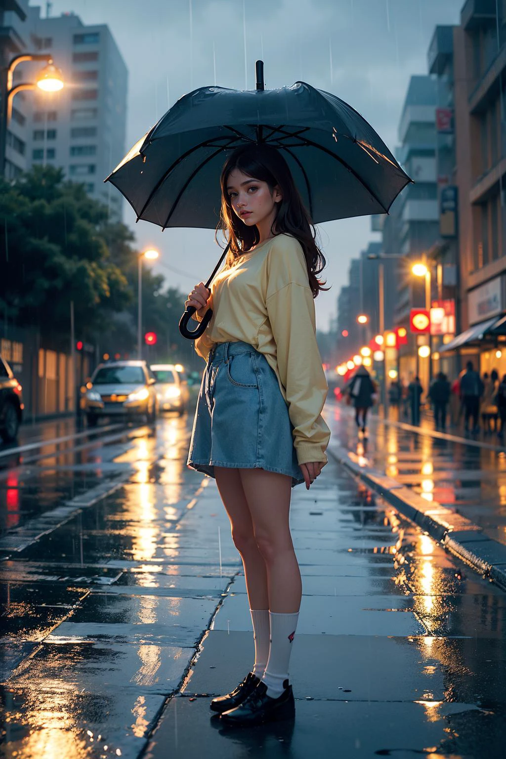 (((우산을 들고))), (전신샷) 22세 스페인 여성, ((비를 맞다)), (((비 속에 서서))) (((우산을 들고))), 긴 황금빛 갈색 머리, 녹색 눈, ((오버사이즈 셔츠를 입고, 하이탑 양말)), (최고의 품질, 걸작:1.2), (사실적인), 귀여운, 도시 풍경, 밤, 많은 비, 젖은, 광자 매핑, 라디오시티, 물리 기반 렌더링 
