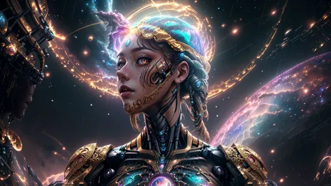 an award winning photograph of a woman,halo,intricate cyberpunk robot,highly detailed,soft bokeh Deep space nebula background,ar...
