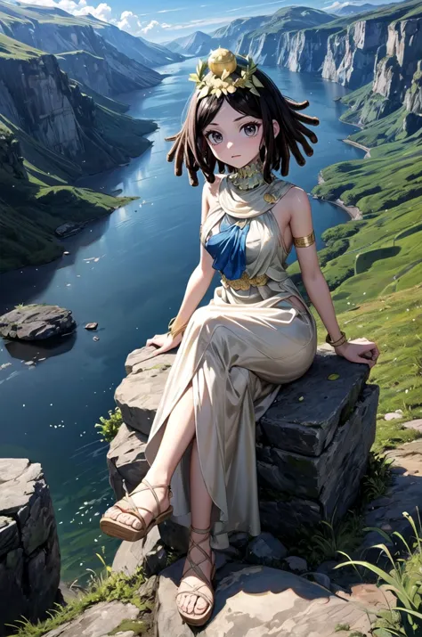 a woman sitting on a rock overlooking a lake and mountains