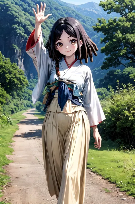 (masterpiece, best quality, detailed), 1girl, solo, looking at viewer, <lora:amaryllis-nvwls-v1:1>, amaryllis, ((dreadlocks)), medium hair, miko, japanese clothes, red hakama, white kimono, ribbon trim, outdoors, (rural), japan, waving, hand up, arm up, wide sleeves, hakama skirt, hip vent, mountain, (village), house, nature, forest, grass, walking, smile, closed mouth