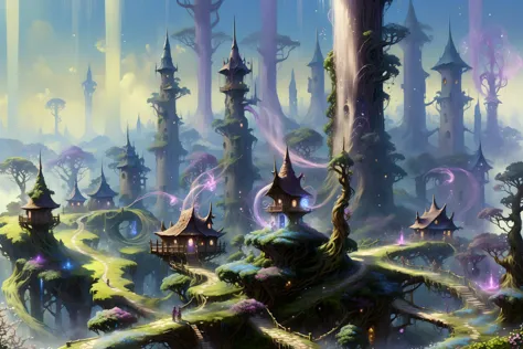 clearing in the forest, elven tree houses, floating_translucent_arcane_swirls, people doing chores, mist, blue_magic_glow, bush,...