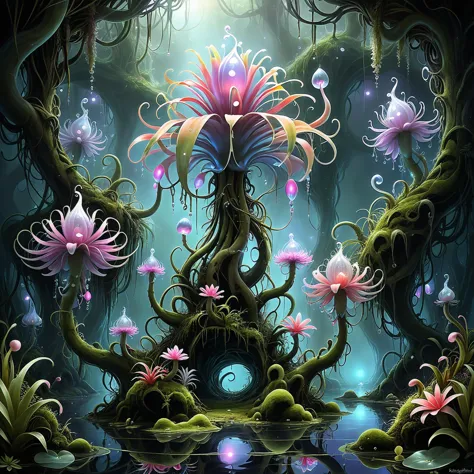 a painting of a fantasy forest with flowers and plants