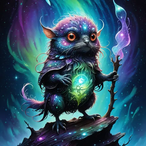 arcane, impressionar, fantástico, primordial, mágico, obras de arte famosas (por Karl Kopinski:1.4), olhos expressivos detalhados, estilo fantasia, esta imagem mostra o spittlefurbler salpicado, esta criatura maravilhosa transicada, coberto de doodleplunk bioluminescente e indorgeffle fica em cima de um monte karfuddeling de shmagger, silhuetas contra um céu serxaturbledo cheio de aurora do planeta flarnshingle iii, insinuando sua natureza sobrenatural, ultra detalhado