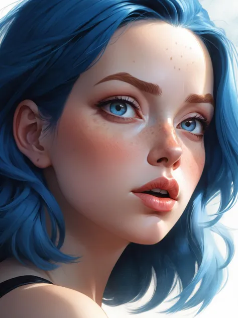 a close up of a woman with blue hair and blue eyes