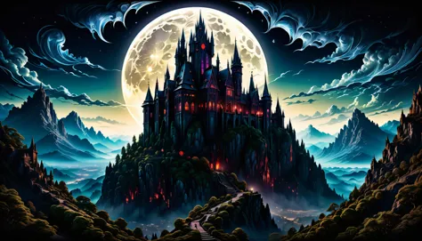 uma obra de arte digital fantástica e magistral, um castelo de vampiros alto e gótico e escuro fica no topo de uma torre de montanha assustadora, iluminado pela lua, noite, obra de arte, 8K, premiado, alta qualidade, melhor qualidade, cinematic, extremamente detalhado, iluminação intensa, épico, no estilo dos vitrais