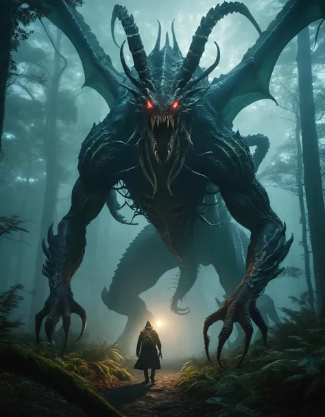 um monstro gigante lovecraftiano híbrido de dragão e aranha, na floresta escura e densa e nevoenta, 4K, fantasia, atmosférico e etéreo, obra de arte