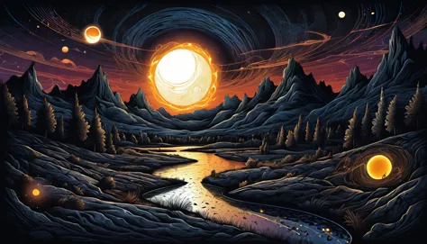 Landscape, night, solar eclipse, disappearance, special aura, detailed, chaotic drawing style