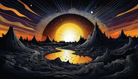 Landscape, night, solar eclipse, disappearance, special aura, detailed, chaotic drawing style