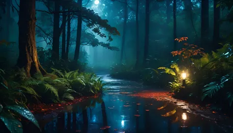  vivid and enchanting, rainy night, forest, serene, tall trees shrouded in darkness, brilliant colors, dimly lit sky, raindrops ...