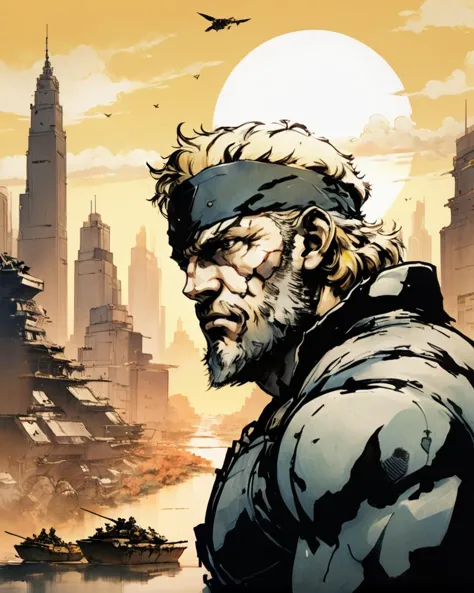 art by shinkawa youji, metal gear of a burly Golden Age Male Garden gnome, looking away from camera, inside a Megalopolis, at Sunrise, F/14, wallpaper, <lora:shinkawa_youji_xl_v1f:1> amazing quality