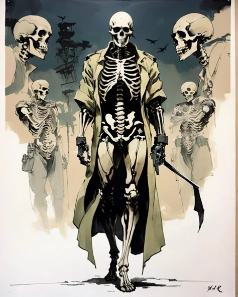 art by shinkawa youji, metal gear of a Greco-Roman Male Skeleton, Junkie, he is dressed in Naive Art fashion style Caftan, Dark ...