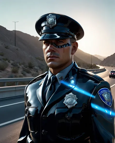 made of ral-obsdn, photograph, still, (Male Highway Patrol Officer:1.1) , the Highway Patrol Officer is Boring, volumetric lighting, Phase One XF IQ4 150MP, <lora:ral-obsdn:1>, very detailed, amazing quality, intricate, cinematic light, highly detail, beautiful, surreal, dramatic