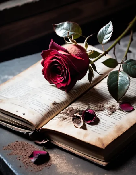 A withered ais-crsd rose lying on an ancient book, its petals blackened and curled, on a table covered in dust. 