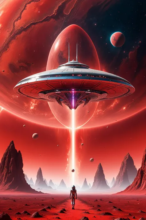 Hermosa nave espacial extraterrestre cromada, diseño elegante, espacio colorido vívido, planeta mundo rojo moribundo, partículas de polvo, obra maestra, Estético