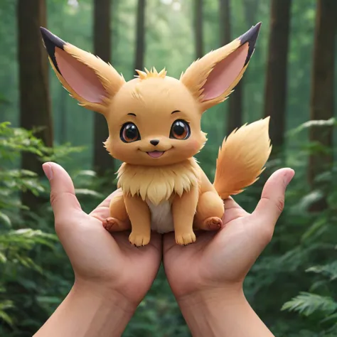 anime,  2 cute eeveelution, smile, sits in the human's palms, forest, 